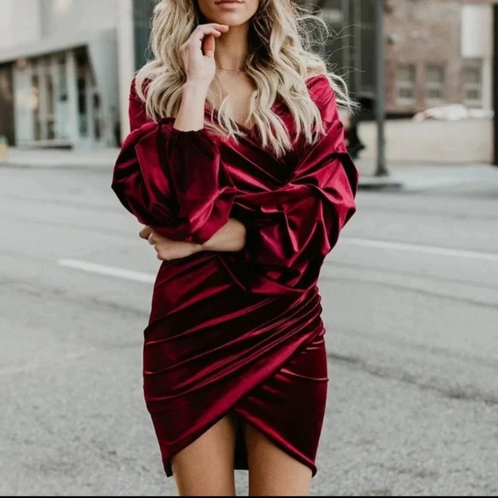 Velvet Ruched Draped Puff Exaggerated Sleeves Mini Dress, Burgundy L - Picture 1 of 10